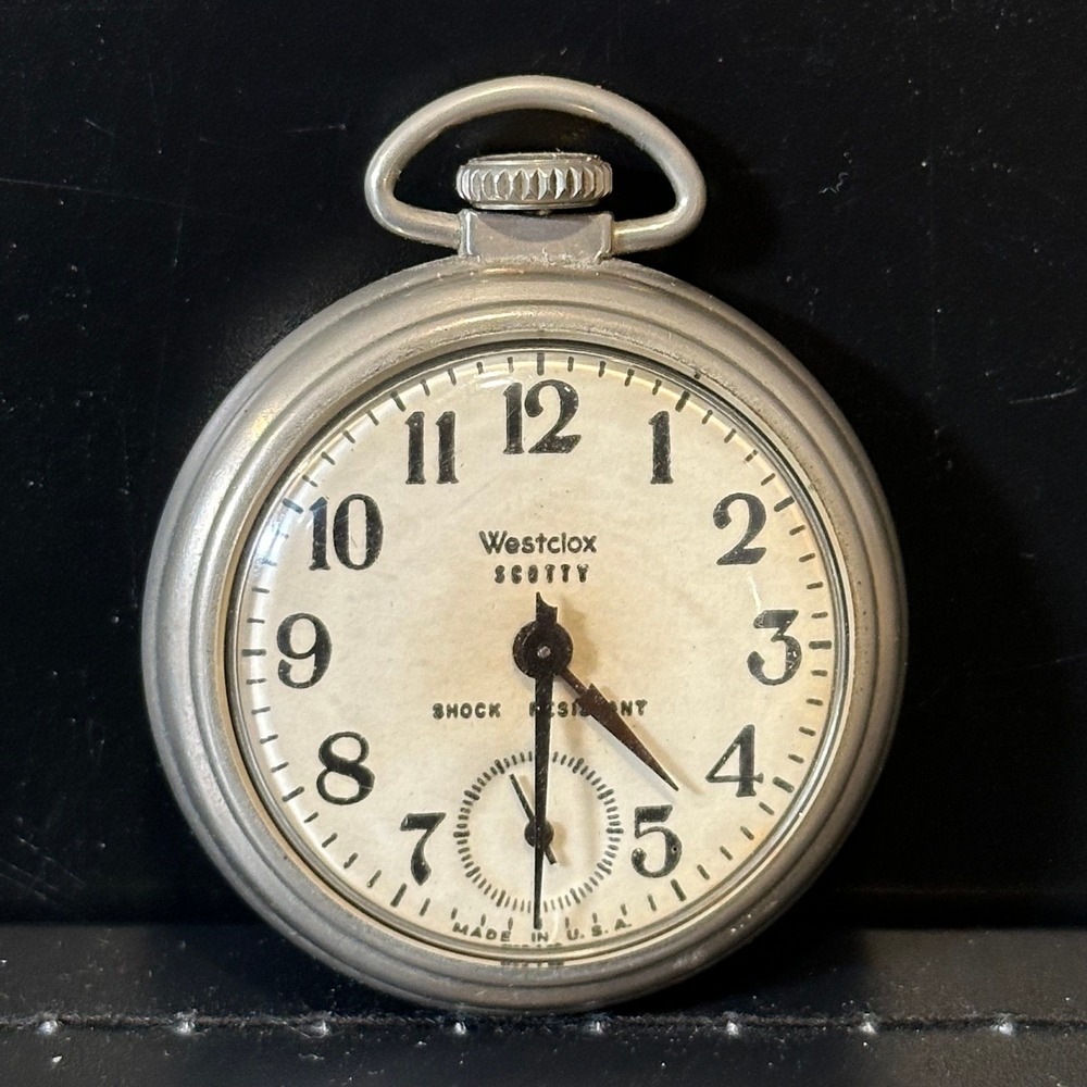 Vintage‎ Westclox Scotty Pocket Watch Shock Resistant Made in USA Silver Tone
